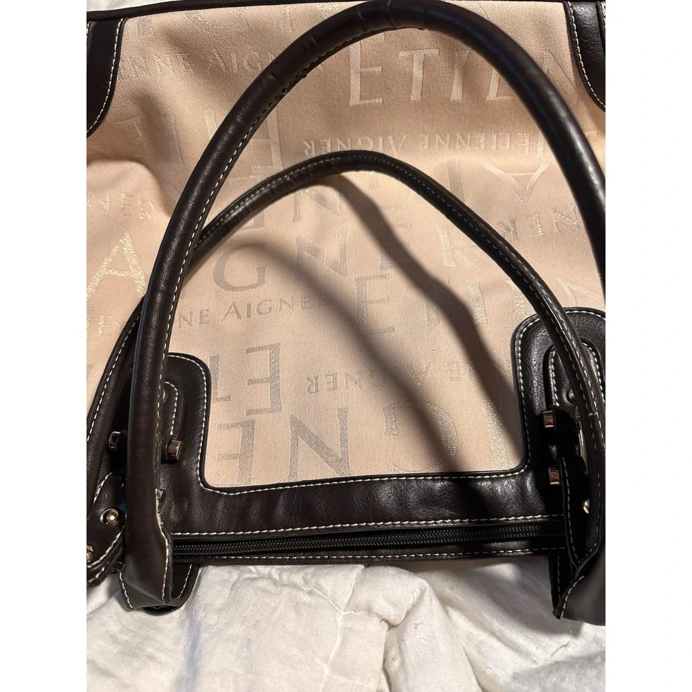 Etienne Aigner Large Satchel Handbag Beige Tote Shoulder Bag Leather Trim‎